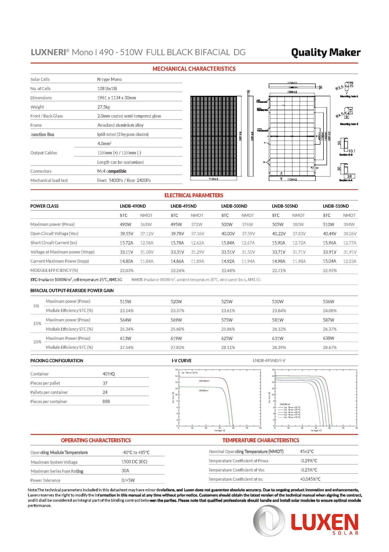 Luxen Solar 500W Luxneri N5 Bifazial Full Black Solarmodul N-Typ IP68